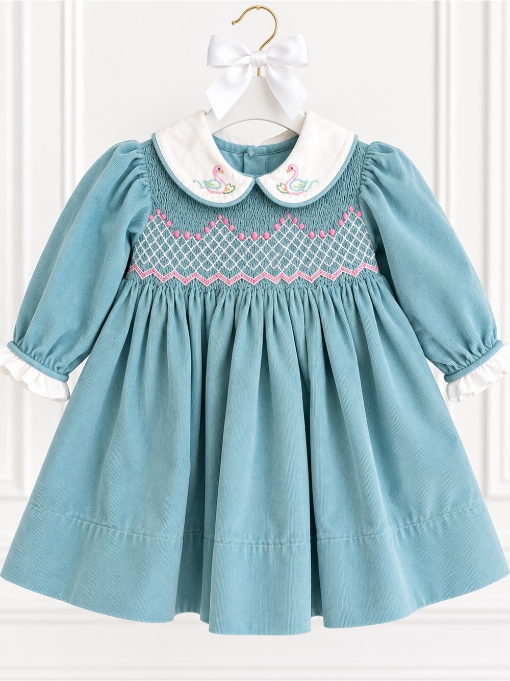 Vintage Bella Bliss Corduroy Velvet Smocked Peter Pan Collar Heirloom Sash Dress